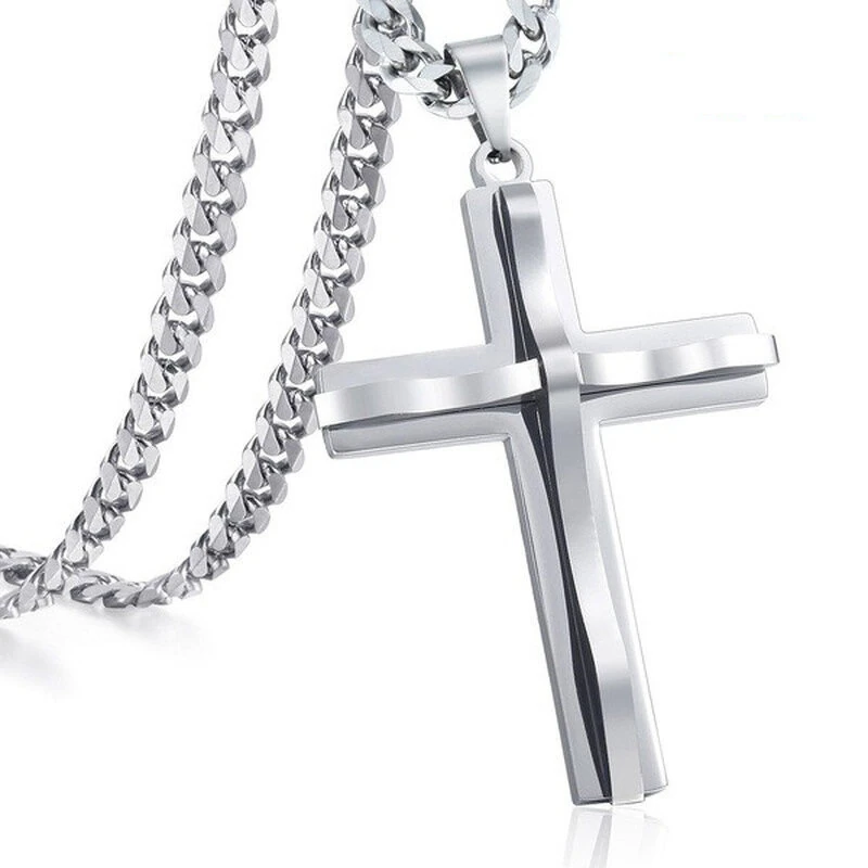 (image for) Cross Pendant Necklaces For Men Women Golden Silvery Stainless Steel Charm Chain Male Hip Hop Jewelry