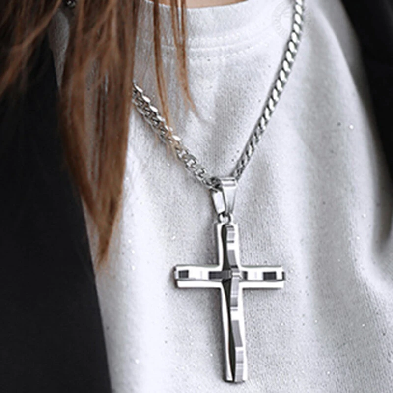 (image for) Cross Pendant Necklaces For Men Women Golden Silvery Stainless Steel Charm Chain Male Hip Hop Jewelry