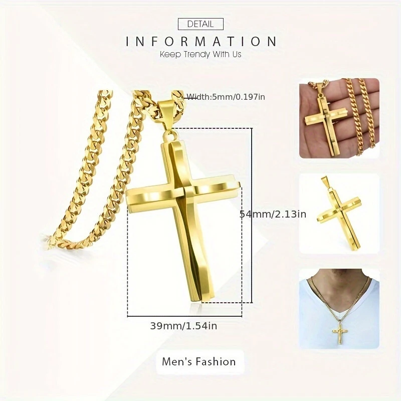 (image for) Cross Pendant Necklaces For Men Women Golden Silvery Stainless Steel Charm Chain Male Hip Hop Jewelry