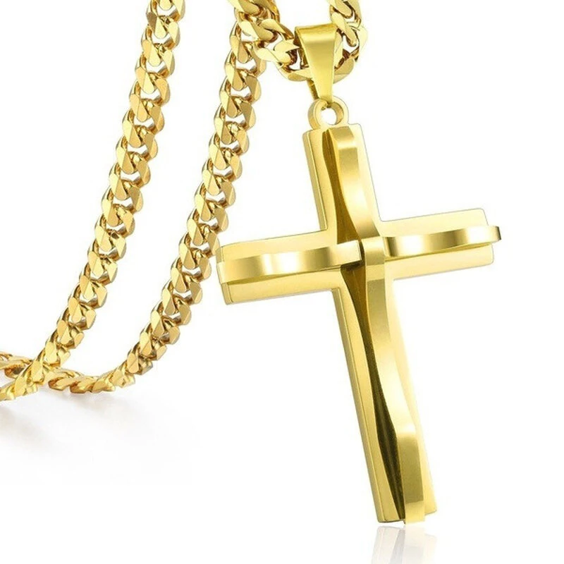 (image for) Cross Pendant Necklaces For Men Women Golden Silvery Stainless Steel Charm Chain Male Hip Hop Jewelry