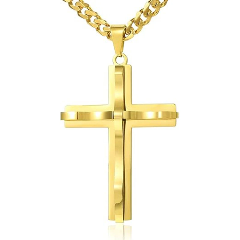 (image for) Cross Pendant Necklaces For Men Women Golden Silvery Stainless Steel Charm Chain Male Hip Hop Jewelry