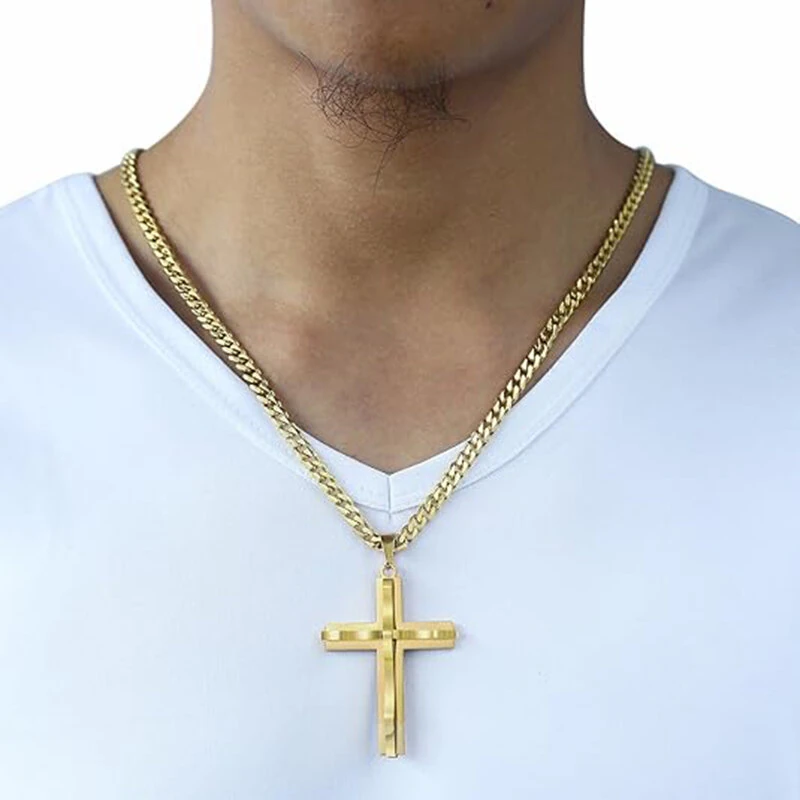 (image for) Cross Pendant Necklaces For Men Women Golden Silvery Stainless Steel Charm Chain Male Hip Hop Jewelry