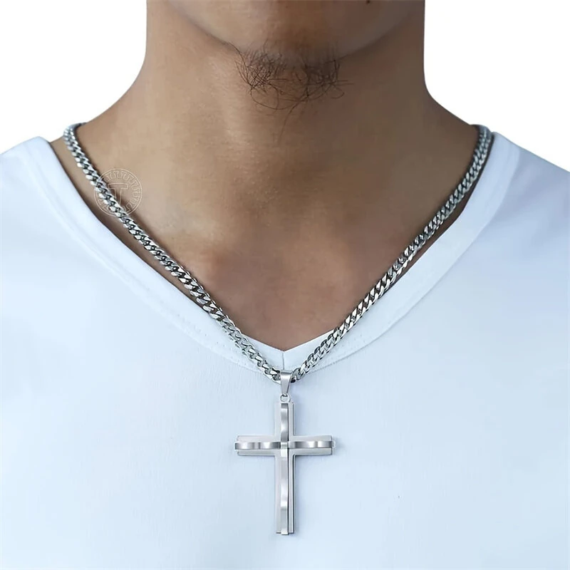 (image for) Cross Pendant Necklaces For Men Women Golden Silvery Stainless Steel Charm Chain Male Hip Hop Jewelry