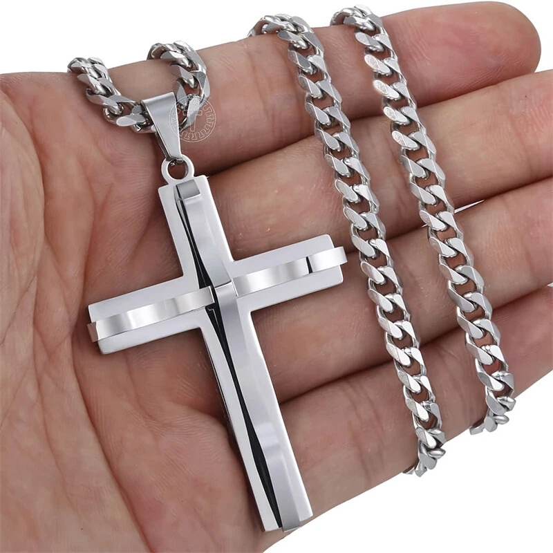 (image for) Cross Pendant Necklaces For Men Women Golden Silvery Stainless Steel Charm Chain Male Hip Hop Jewelry