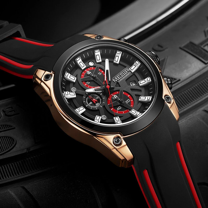 (image for) MEGIR Men Chronograph Quartz Watch with Date Luminous Hands, Sport Wristwatch Silicone Strap Waterproof Watch