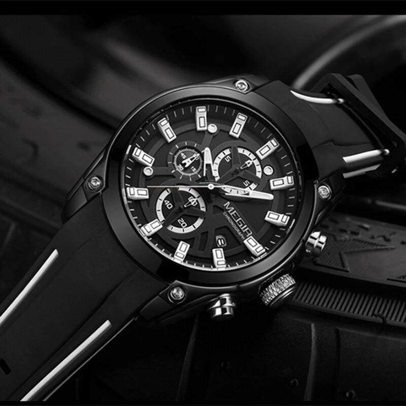 (image for) MEGIR Men Chronograph Quartz Watch with Date Luminous Hands, Sport Wristwatch Silicone Strap Waterproof Watch