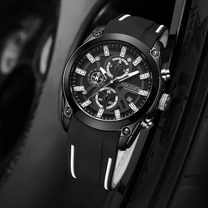 (image for) MEGIR Men Chronograph Quartz Watch with Date Luminous Hands, Sport Wristwatch Silicone Strap Waterproof Watch