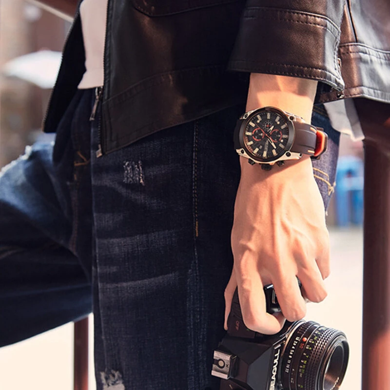 (image for) MEGIR Men Chronograph Quartz Watch with Date Luminous Hands, Sport Wristwatch Silicone Strap Waterproof Watch