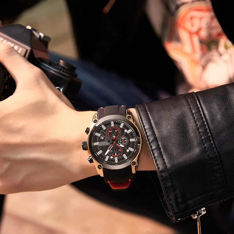 (image for) MEGIR Men Chronograph Quartz Watch with Date Luminous Hands, Sport Wristwatch Silicone Strap Waterproof Watch