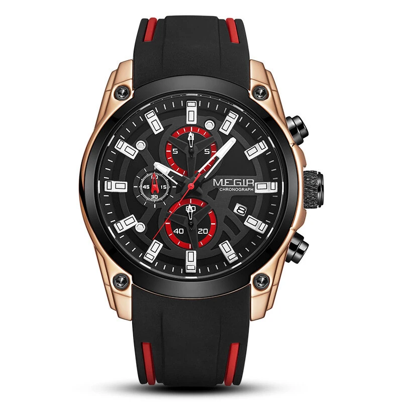 (image for) MEGIR Men Chronograph Quartz Watch with Date Luminous Hands, Sport Wristwatch Silicone Strap Waterproof Watch