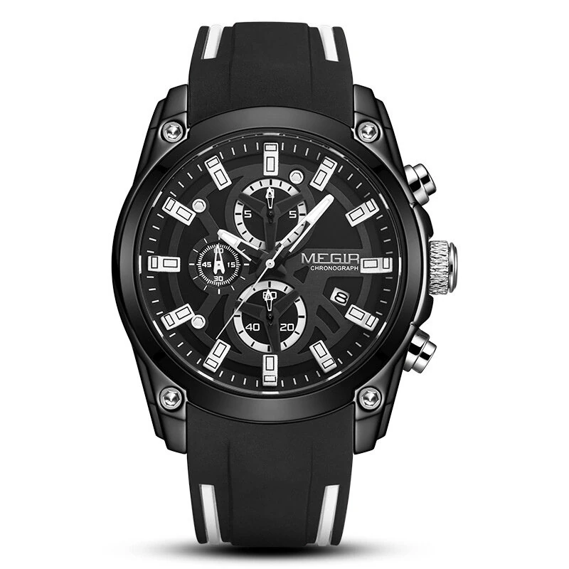 (image for) MEGIR Men Chronograph Quartz Watch with Date Luminous Hands, Sport Wristwatch Silicone Strap Waterproof Watch