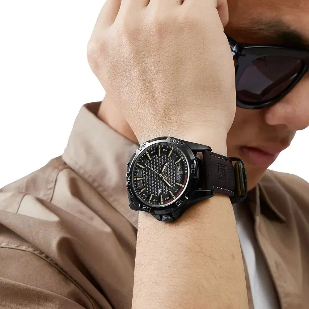(image for) NAVIFORCE Men Casual Sport Watch Calendar Quartz Wrist Watch Waterproof Shock Resistant Men Watches Leather Strap