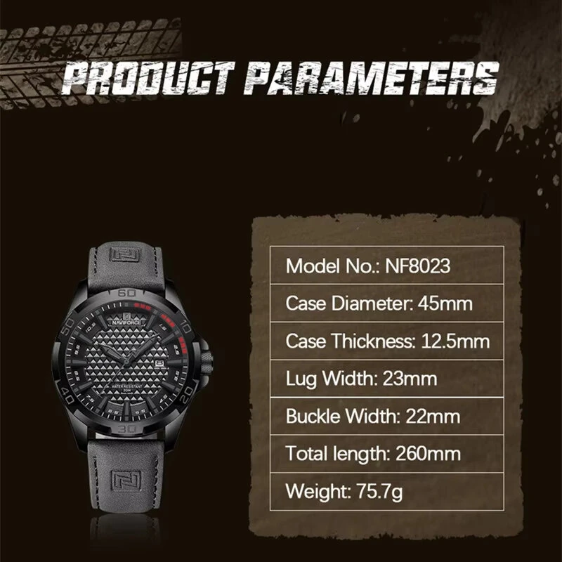 (image for) NAVIFORCE Men Casual Sport Watch Calendar Quartz Wrist Watch Waterproof Shock Resistant Men Watches Leather Strap