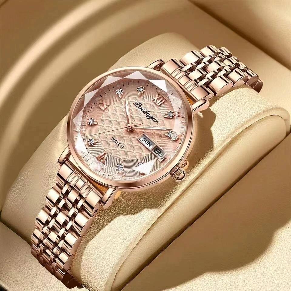 (image for) POEDAGAR Women Luxury Rhinestone Quartz Watch Waterproof Luminous Wristwatch Calendar Analog Stainless Steel Wrist Watch Elegant Ladies Watches