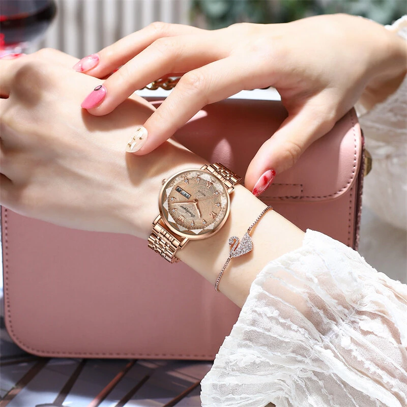 (image for) POEDAGAR Women Luxury Rhinestone Quartz Watch Waterproof Luminous Wristwatch Calendar Analog Stainless Steel Wrist Watch Elegant Ladies Watches