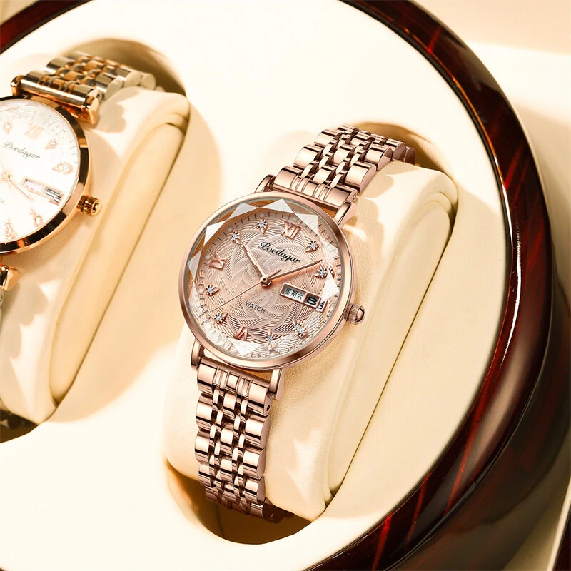 (image for) POEDAGAR Women Luxury Rhinestone Quartz Watch Waterproof Luminous Wristwatch Calendar Analog Stainless Steel Wrist Watch Elegant Ladies Watches