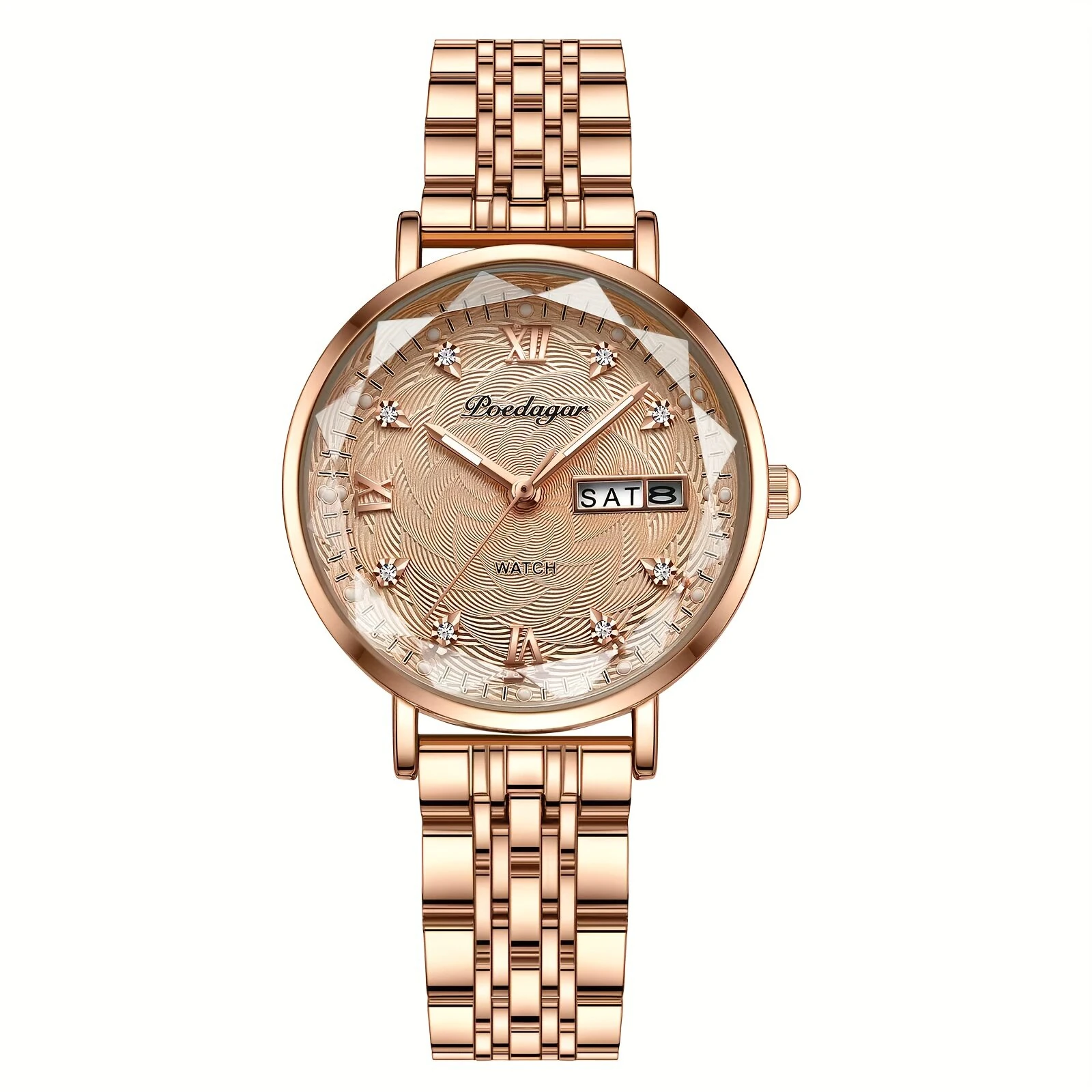 (image for) POEDAGAR Women Luxury Rhinestone Quartz Watch Waterproof Luminous Wristwatch Calendar Analog Stainless Steel Wrist Watch Elegant Ladies Watches