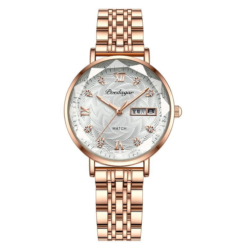(image for) POEDAGAR Women Luxury Rhinestone Quartz Watch Waterproof Luminous Wristwatch Calendar Analog Stainless Steel Wrist Watch Elegant Ladies Watches