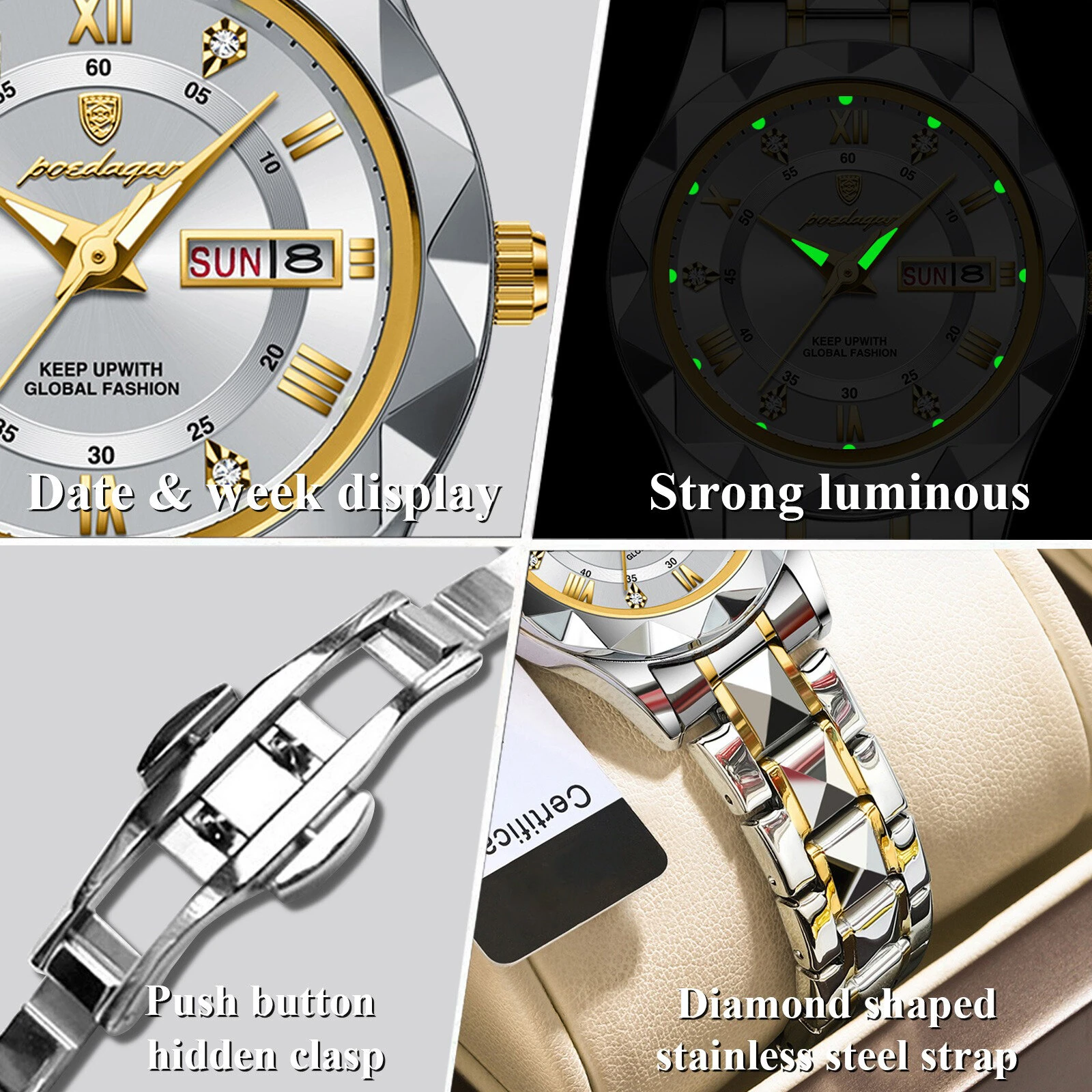 (image for) POEDAGAR Women Luxury Watch Luminous Waterproof Quartz Watch Analog Calendar Business Wrist Watch Date Watch Stainless Steel Ladies Wristwatch
