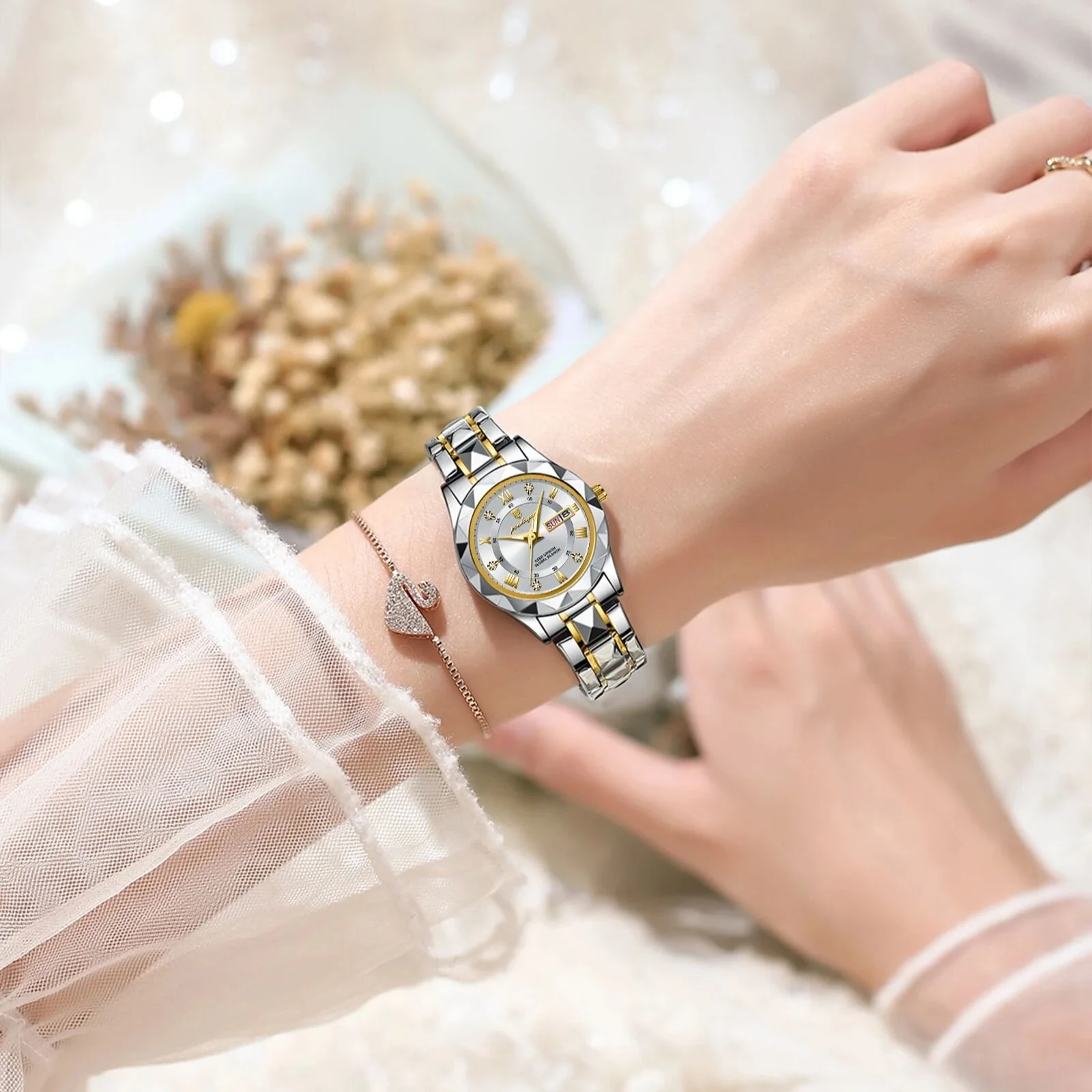 (image for) POEDAGAR Women Luxury Watch Luminous Waterproof Quartz Watch Analog Calendar Business Wrist Watch Date Watch Stainless Steel Ladies Wristwatch