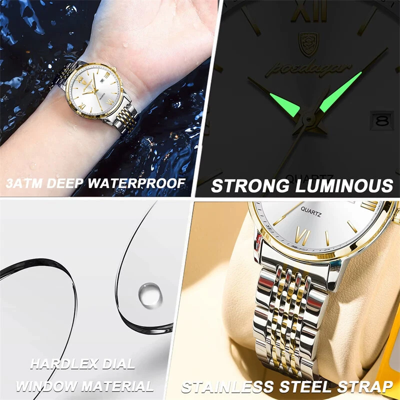 (image for) POEDAGAR Women Watch Thin Waterproof Luminous Quartz Watch Calendar Analog Stainless Steel Wrist Watch Date Lady Watch