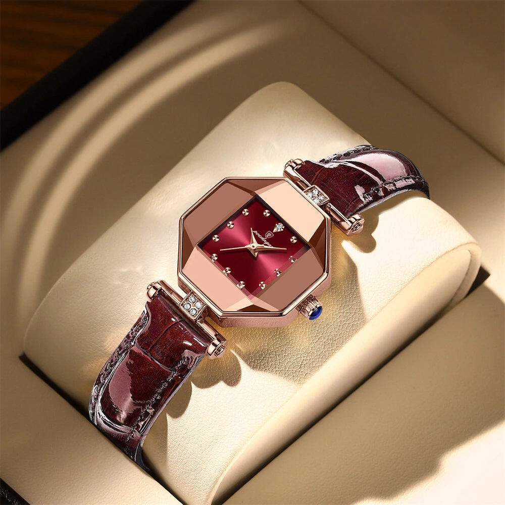 (image for) POEDAGAR Women Watches Fashion Luxury Rhinestones Quartz Watch Polygon Pointer Waterproof Ladies Leather Wristwatch