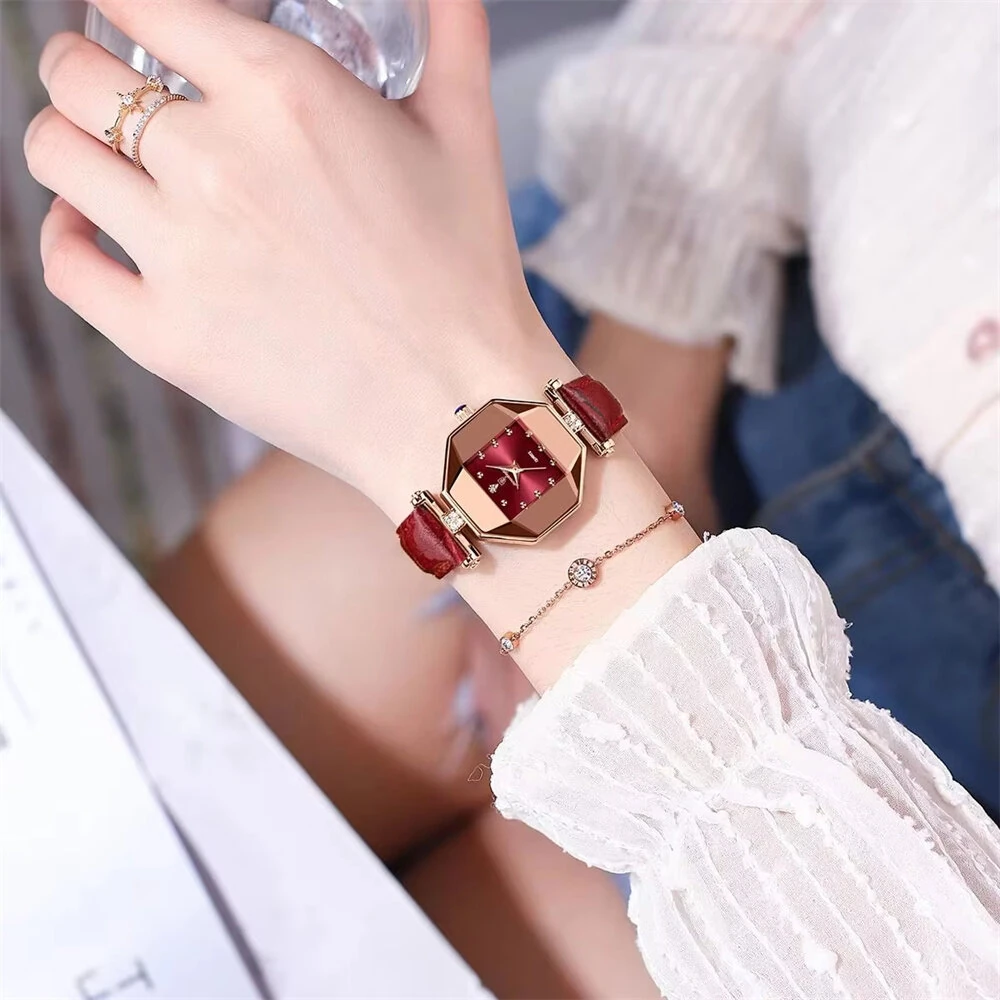 (image for) POEDAGAR Women Watches Fashion Luxury Rhinestones Quartz Watch Polygon Pointer Waterproof Ladies Leather Wristwatch
