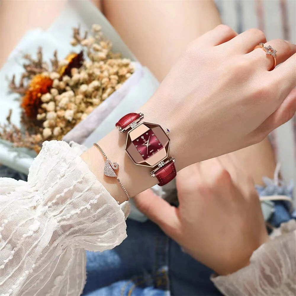 (image for) POEDAGAR Women Watches Fashion Luxury Rhinestones Quartz Watch Polygon Pointer Waterproof Ladies Leather Wristwatch