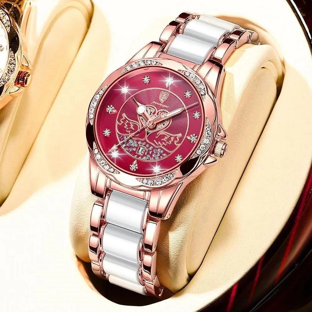 (image for) POEDAGAR Women's Luxury Rhinestones Swan Quartz Watch Waterproof Luminous Fashion Date Dial Analog Ceramic Band Wrist Watch