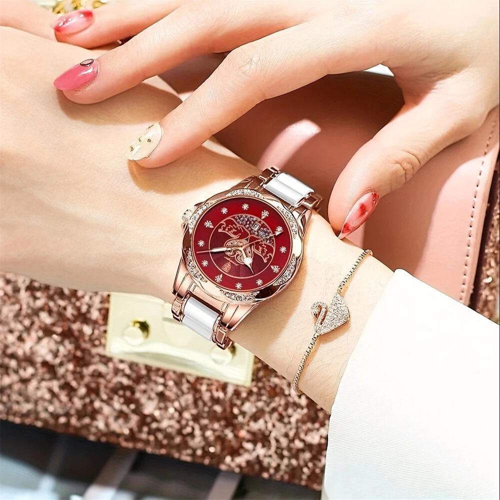 (image for) POEDAGAR Women's Luxury Rhinestones Swan Quartz Watch Waterproof Luminous Fashion Date Dial Analog Ceramic Band Wrist Watch