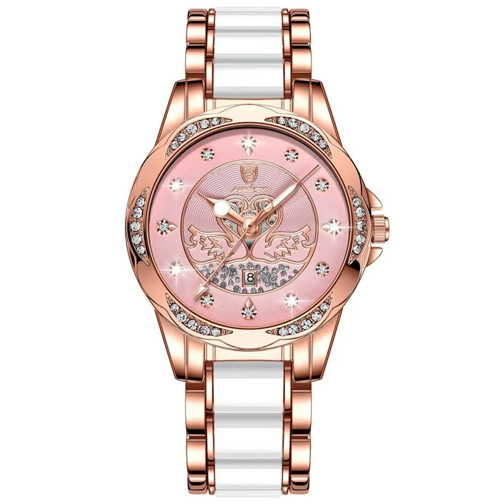 (image for) POEDAGAR Women's Luxury Rhinestones Swan Quartz Watch Waterproof Luminous Fashion Date Dial Analog Ceramic Band Wrist Watch