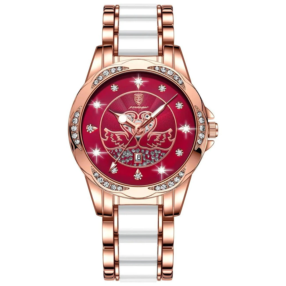 (image for) POEDAGAR Women's Luxury Rhinestones Swan Quartz Watch Waterproof Luminous Fashion Date Dial Analog Ceramic Band Wrist Watch