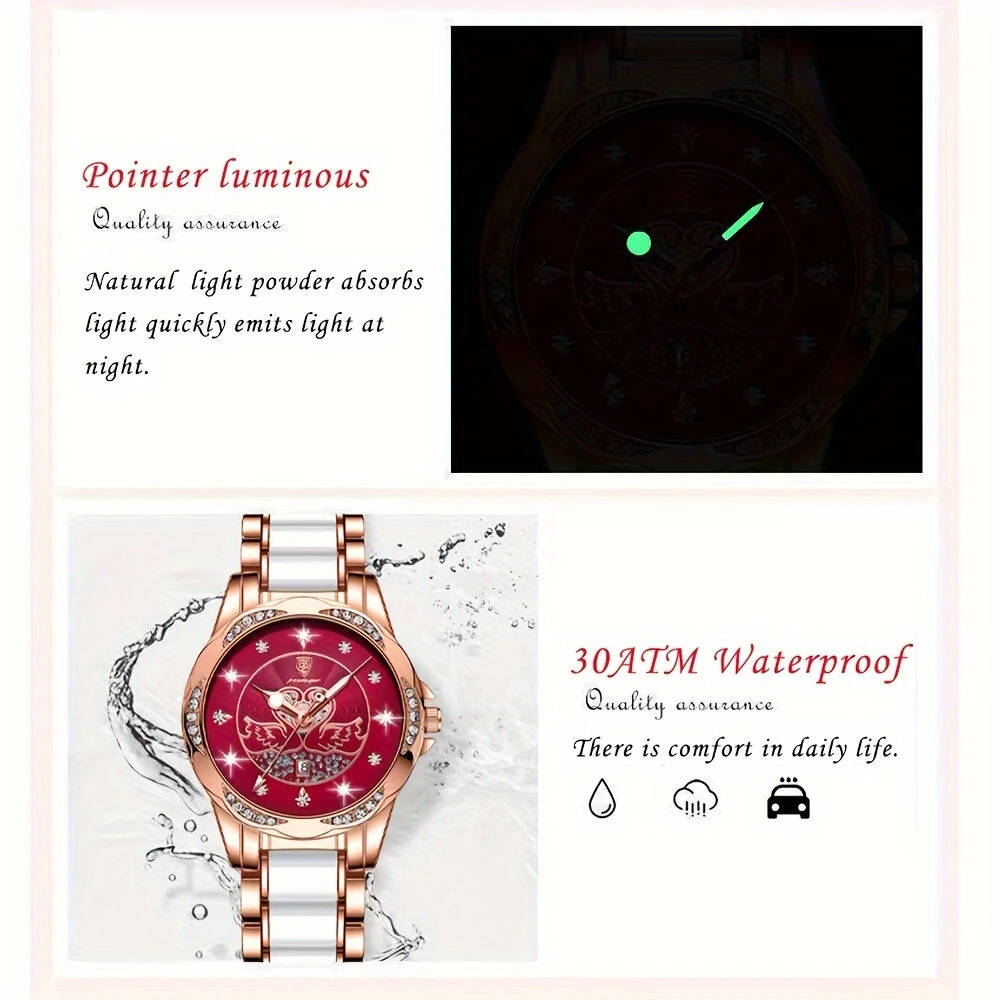 (image for) POEDAGAR Women's Luxury Rhinestones Swan Quartz Watch Waterproof Luminous Fashion Date Dial Analog Ceramic Band Wrist Watch