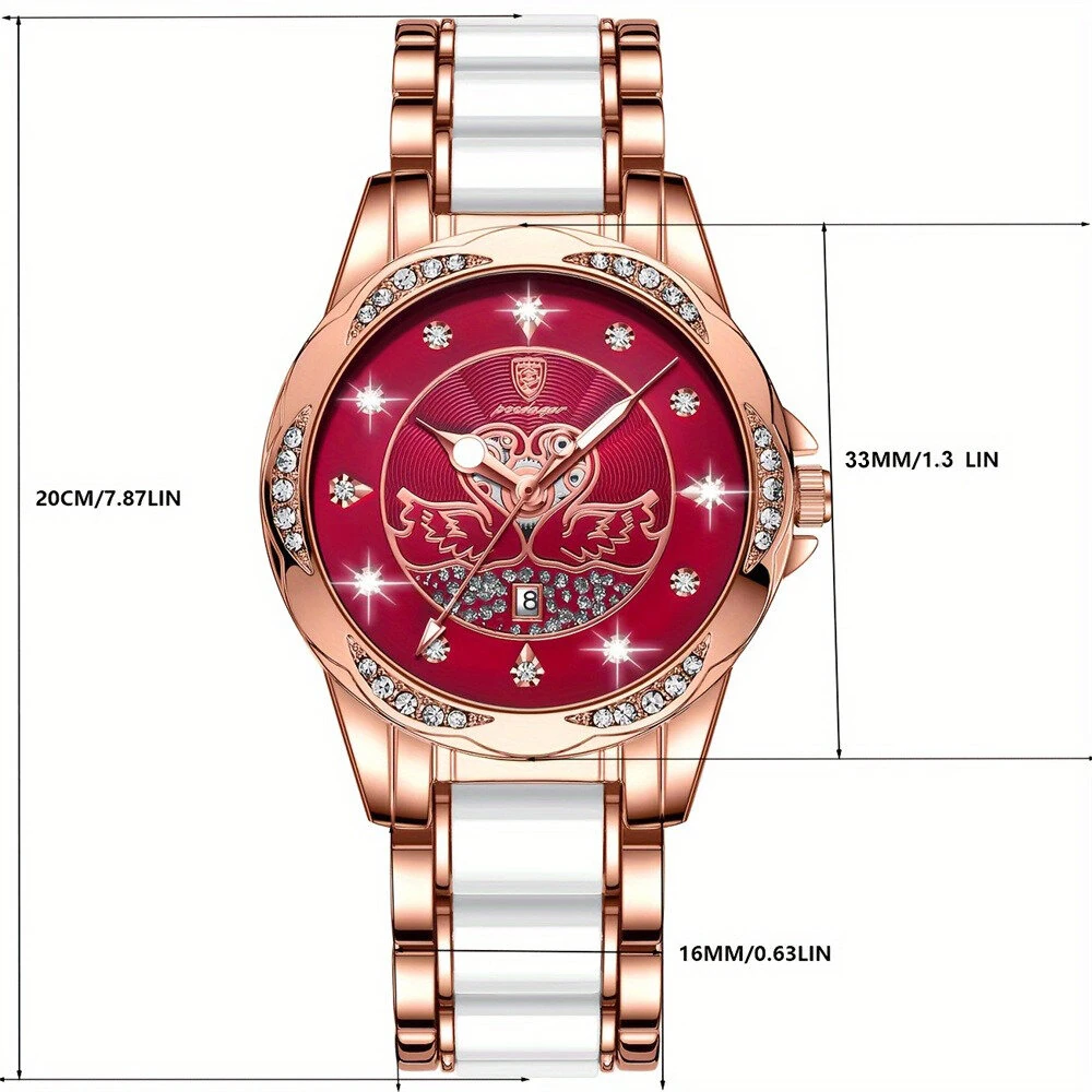 (image for) POEDAGAR Women's Luxury Rhinestones Swan Quartz Watch Waterproof Luminous Fashion Date Dial Analog Ceramic Band Wrist Watch