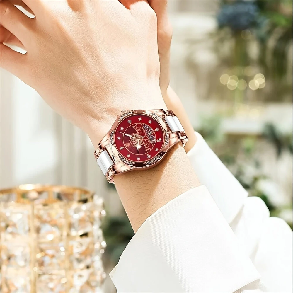 (image for) POEDAGAR Women's Luxury Rhinestones Swan Quartz Watch Waterproof Luminous Fashion Date Dial Analog Ceramic Band Wrist Watch