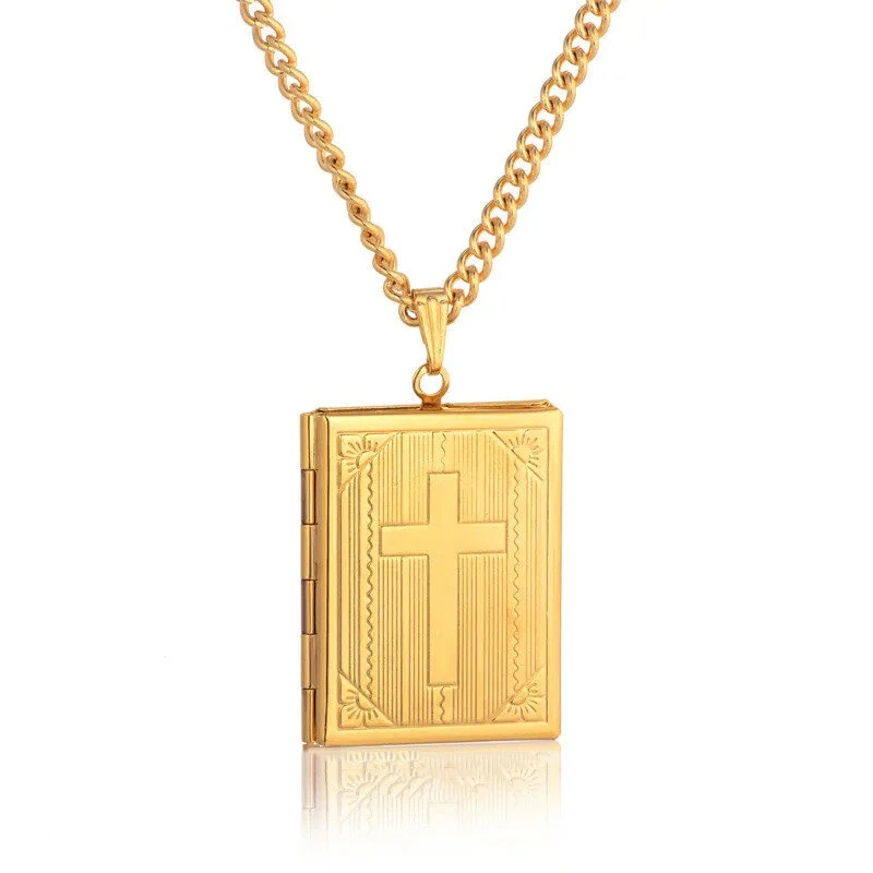 (image for) Religious Jesus Cross Locket Pendants Gold Silver Color Photo Frame Memory Necklace for Women/Men Stainless Steel Cross Necklace Faith Jewelry Gift