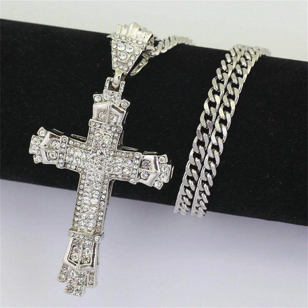 (image for) Rhinestone Cross Pendant Necklace Charm Shiny Zircon Cross Necklace for Men Women Hiphop Necklaces Fashion Jewelry Gifts