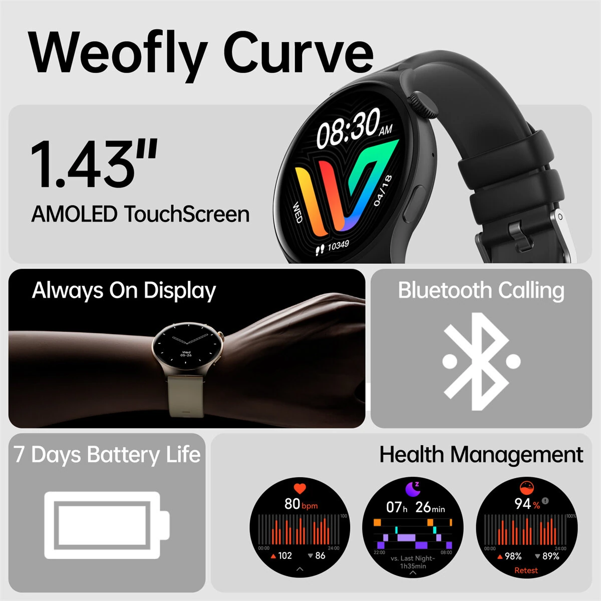 (image for) Weofly Curve 1.43inch AMOLED Display bluetooth Call Heart Rate Blood Pressure Blood Oxygen Monitor Sleep Monitoring Stress Measurement Female Health Multi-sport Modes Music Playback IP68 Wate